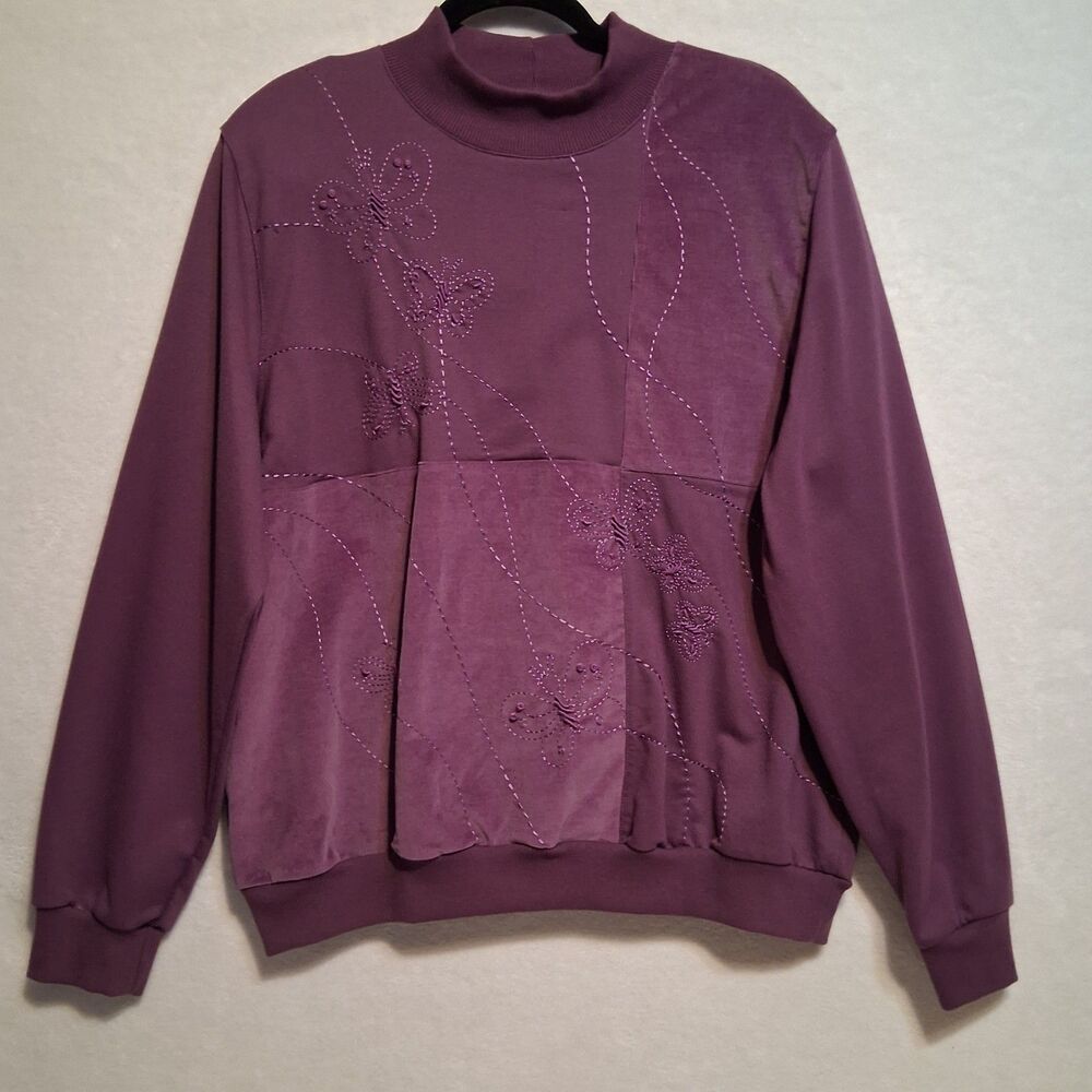 Alfred Dunner L Sweatshirt Purple Butterfly Embroidered Mixed Media Corduroy Vtg